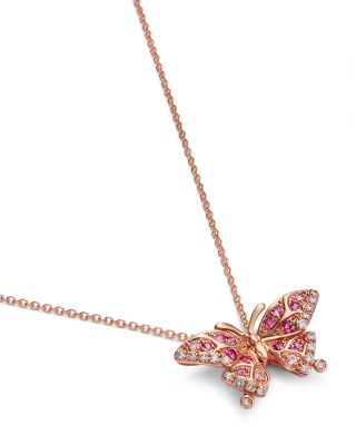 Pink Sapphire &amp; Diamond Butterfly Pendant Necklace in 14K Rose Gold, 16-18&amp;quot;