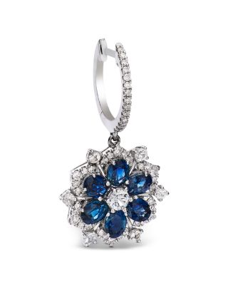Blue Sapphire & Diamond Flower Dangle Huggie Earrings in 14K White Gold