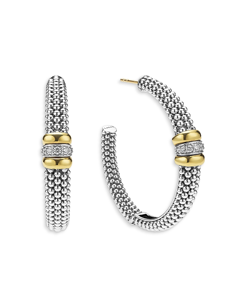Lagos 18k Yellow Gold & Sterling Silver Signature Caviar Diamond Beaded Large Hoop Earrings In Silver