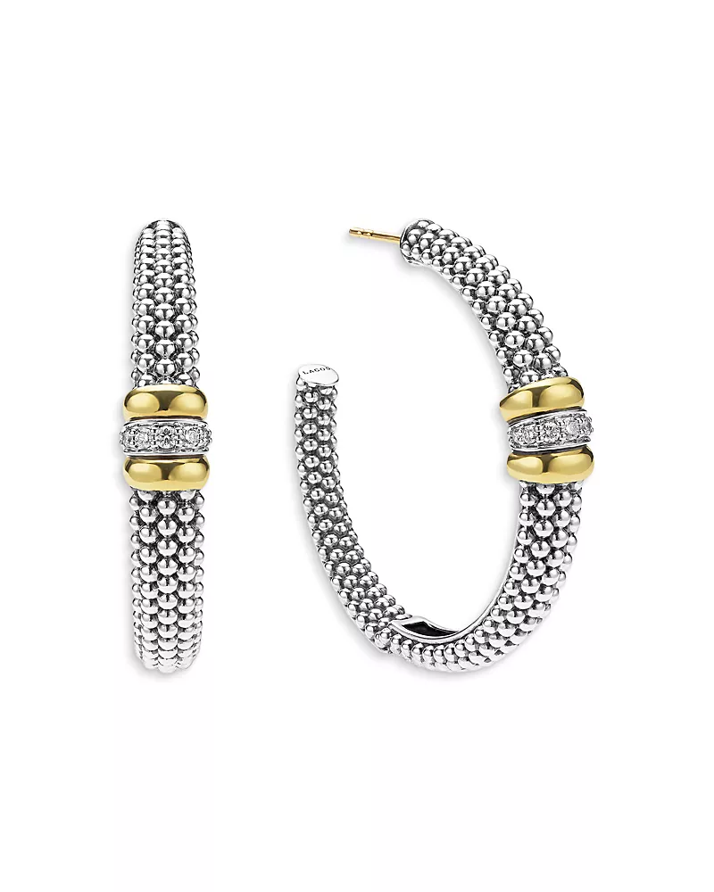 Lagos 18K Yellow Gold & Sterling Silver Signature Caviar Diamond Beaded Large Hoop Earrings