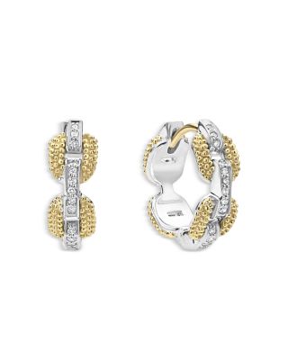 18K Yellow Gold & Sterling Silver Caviar Lux Diamond Link Huggie Hoop Earrings - Exclusive 