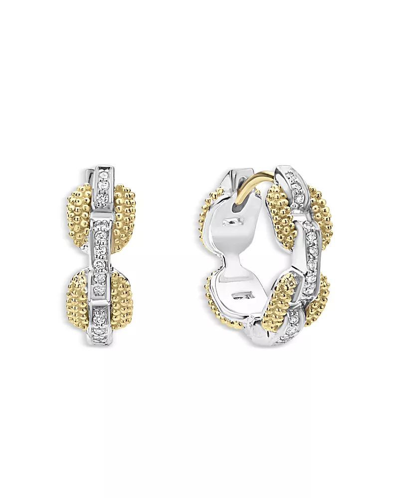 Lagos 18K Yellow Gold & Sterling Silver Caviar Lux Diamond Link Huggie Hoop Earrings - Exclusive
