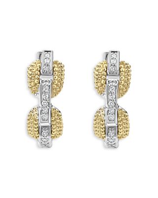 18K Yellow Gold & Sterling Silver Caviar Lux Diamond Link Huggie Hoop Earrings - Exclusive 