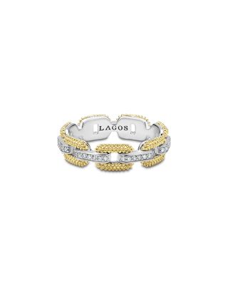 18K Yellow Gold & Sterling Silver Caviar Lux Diamond Chain Link Ring - Exclusive 