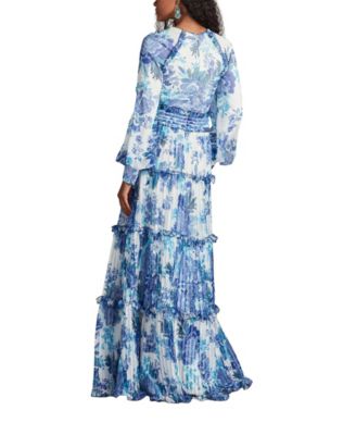  Atlas Pleated Floral Print Gown