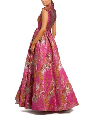 Metallic Jacquard Ball Gown with Notched Collar