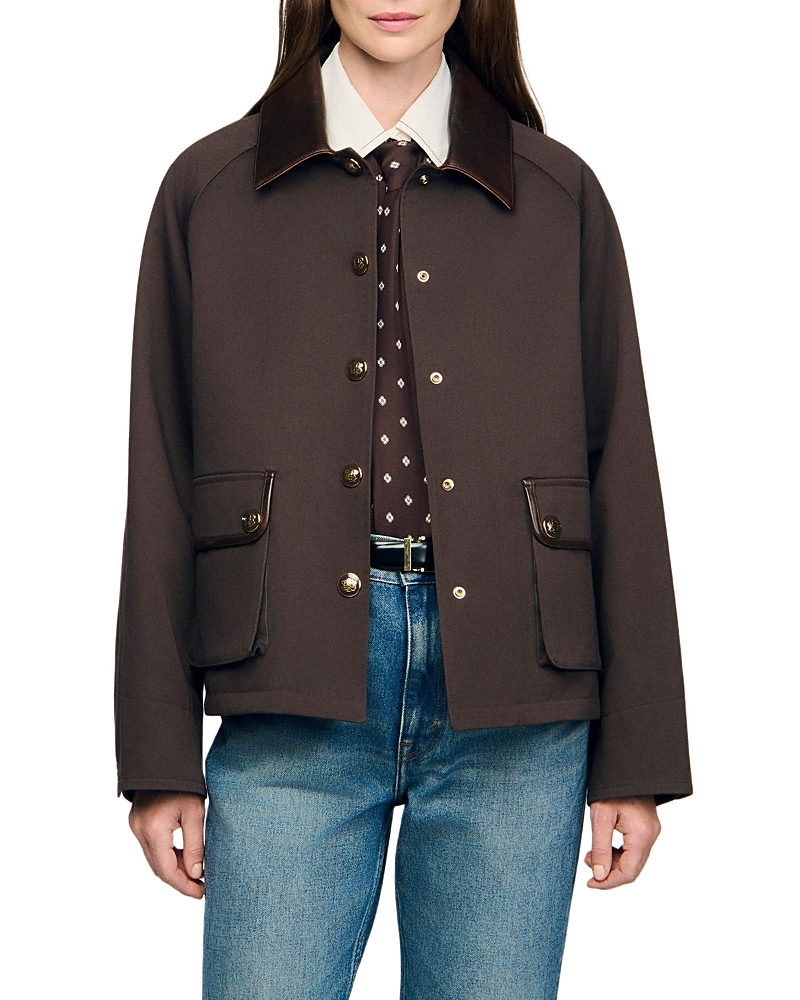 Sandro Trianon Leather Trim Coat