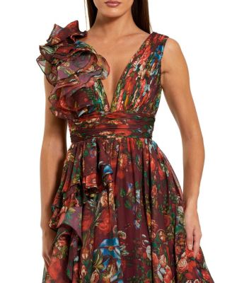 Ruffle Shoulder V-Neck Printed Chiffon Gown