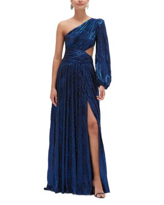 Metallic Pliss&eacute; One Shoulder Gown