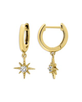 North Star Charm Hoop Earrings in Sterling Silver or 18K Yellow Gold Plated Sterling Silver, 1.3"L - Exclusive