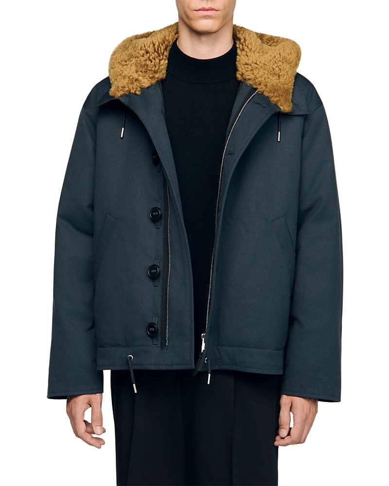 Sandro Shearling Trim Hooded Cotton Parka
