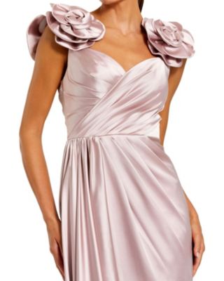 Mac Duggal Satin Faux Wrap Gown with 3D Flower Straps