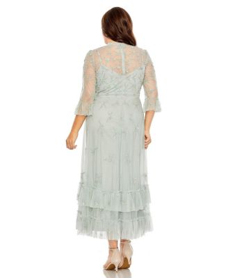  Plus Flutter Half Length Sleeve High Neck Embellished  Dress