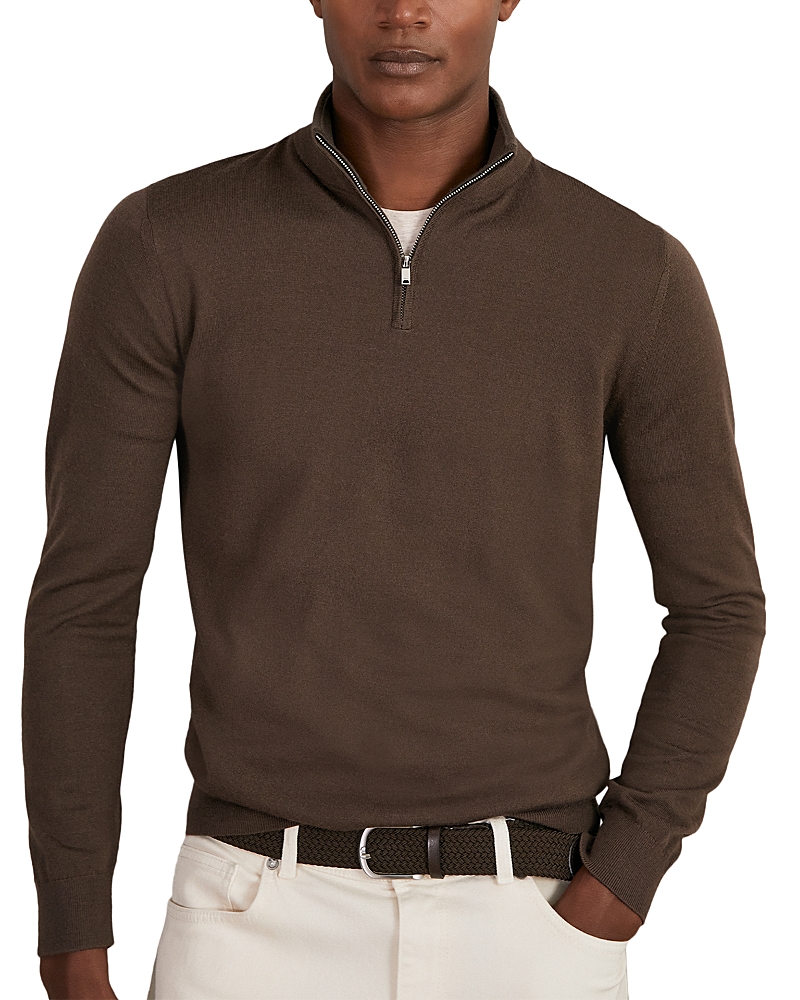 Reiss Blackhall Long Sleeved Half Zip Funnel Neck Merino Wool Sweater In Brown