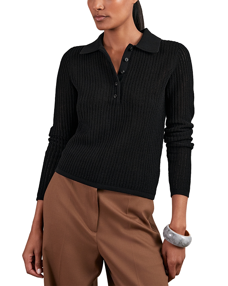 Reiss Black Open-knit Long-sleeve Polo Top In Black