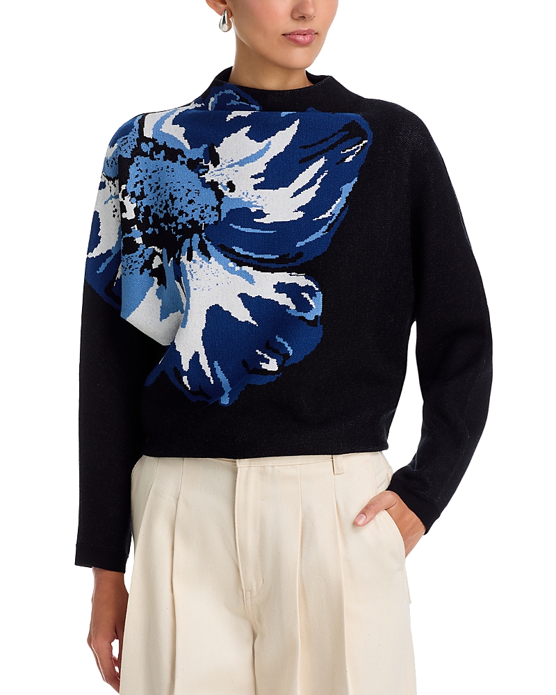 T Tahari Funnel Neck Floral Print Sweater In Black