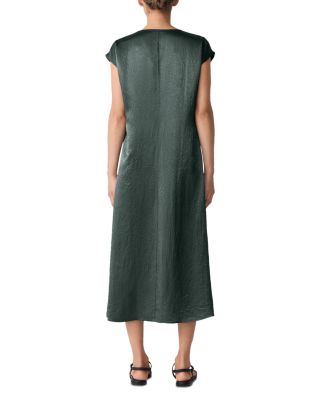 Satin V Neck Cap Sleeve Midi Dress