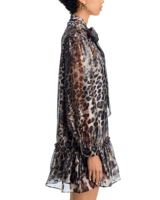 Leopard Tie Neck Long Sleeve Drop Waist Dress - Exclusive