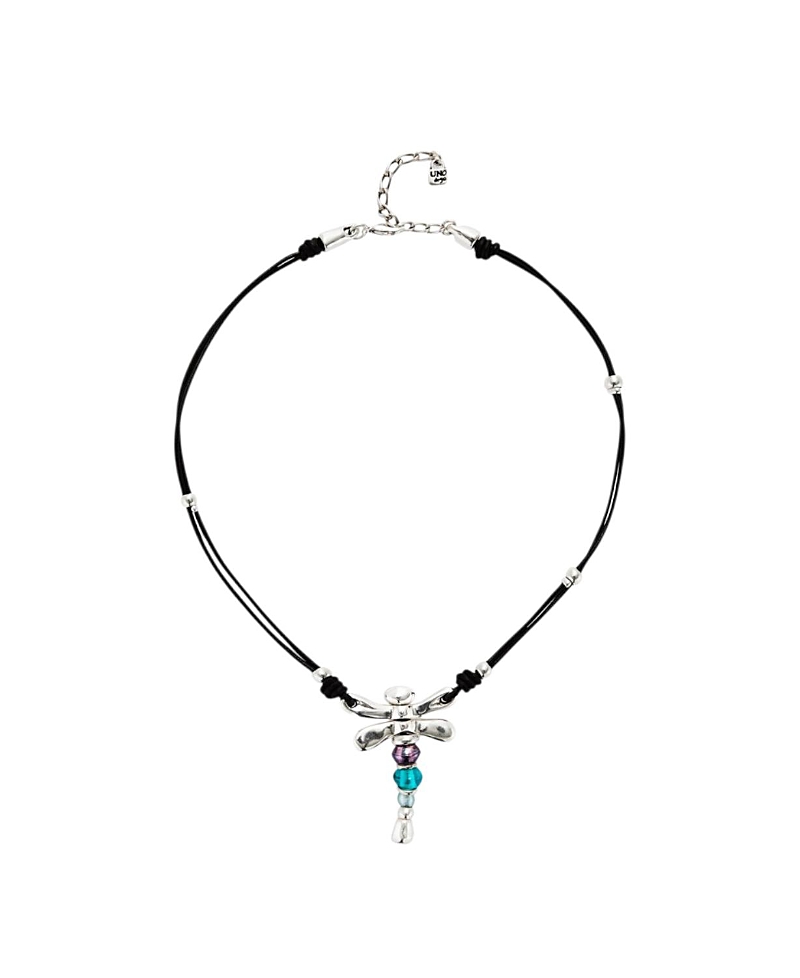 Unode50 Leather Necklace With Sterling Silver-plated Dragonfly And Crystals In Black