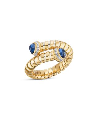 Blue Sapphire Cabochon & Diamond Pav&eacute; Bypass Ring in 18K Yellow Gold