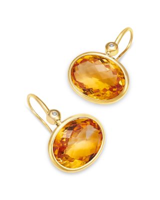 Citrine & Diamond Oval Drop Earrings in 14K Yellow Gold