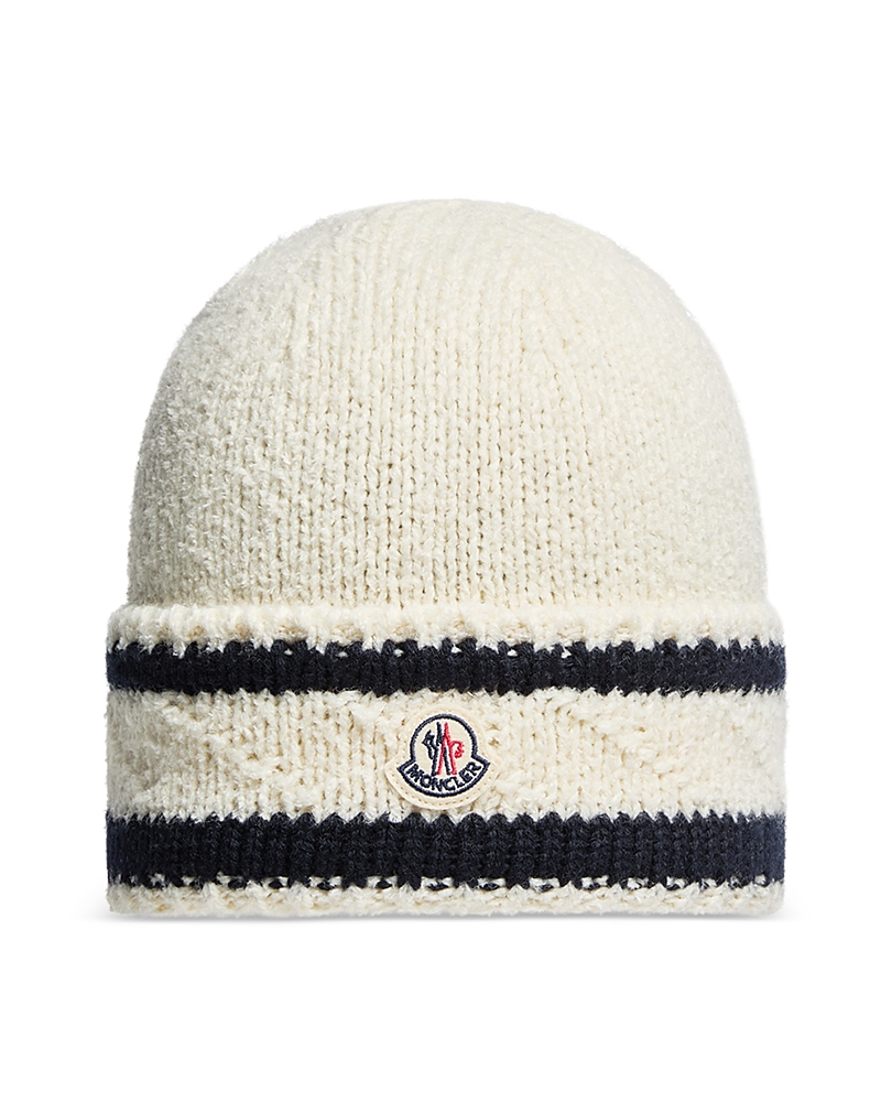 Moncler Stripe Logo Patch Beanie In White