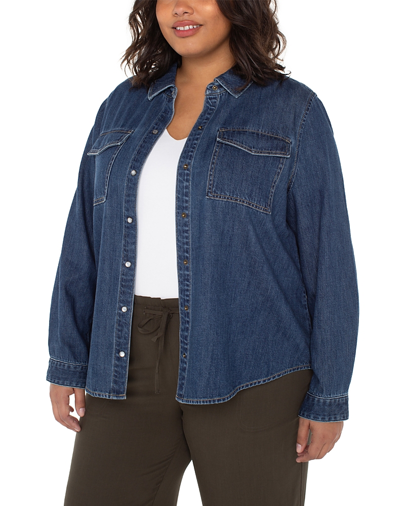 Liverpool Los Angeles Plus Long Sleeve Button Front Shirt In Blue