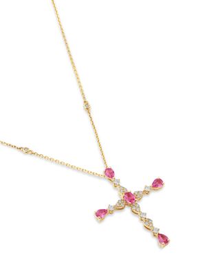 Pink Sapphire & Diamond Cross Pendant Necklace in 14K Yellow Gold