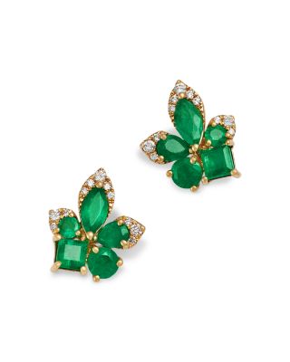 Emerald & Diamond Flower Cluster Stud Earrings in 14K Yellow Gold