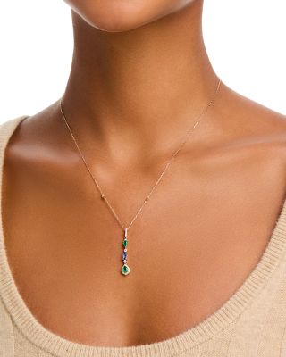 Emerald, Tanzanite & Diamond Lariat necklace in 14K Yellow Gold, 18"