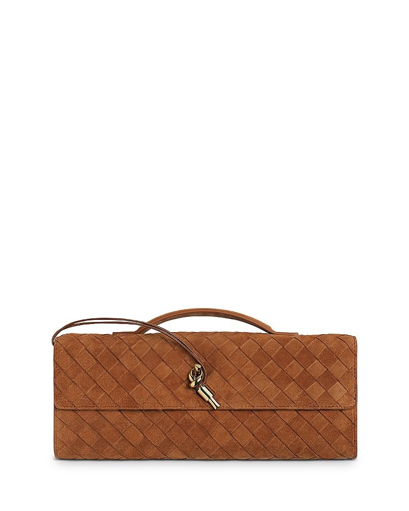 Bottega Veneta Long Andiamo Intrecciato Suede Clutch In Brown