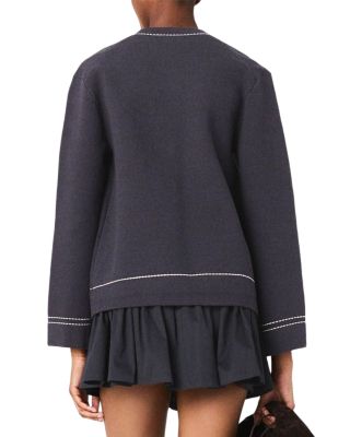 Long Topstitched Knit Cardigan Sweater