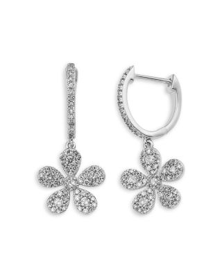 Diamond Flower Charm Dangle Hoop Earrings in 14K White Gold, 0.75 tcw