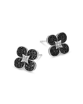 Black & White Diamond Clover Stud Earrings in 14K White Gold, 0.50 tcw