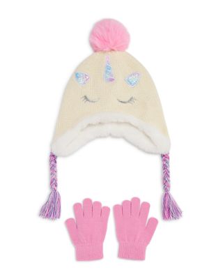 Girls' Unicorn Chenille Knit Earflap Hat With Faux Fur Pom & Gloves Set - Little Kid, Big Kid