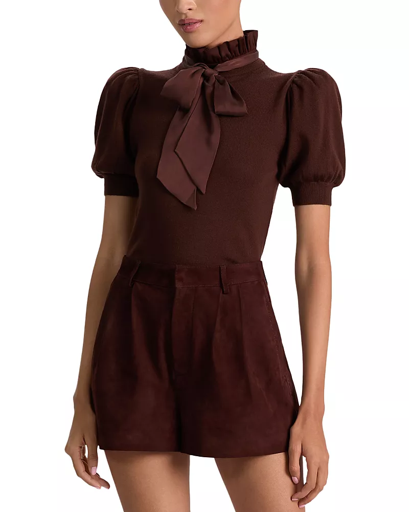 Alice and Olivia Chase Puff Sleeve Ruffle Neck Sweater