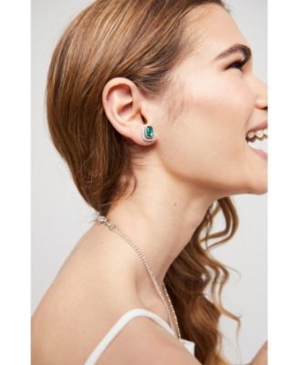  Rectangular Sterling Silver-Plated Earrings with Green Crystal