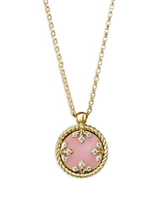 18K Yellow Gold Venetian Medallions Pink Opal, Mother of Pearl & Diamond Oval Pendant Necklace, 15-17"