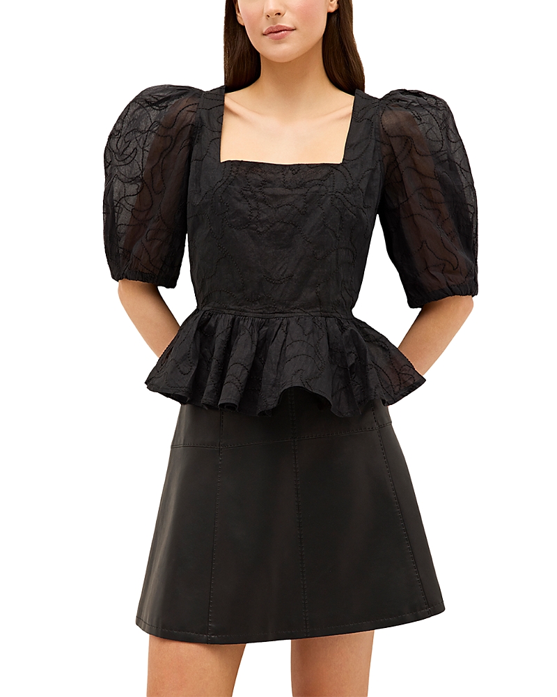 Marie Oliver Orla Embroidered Puff-sleeve Peplum Top In Black