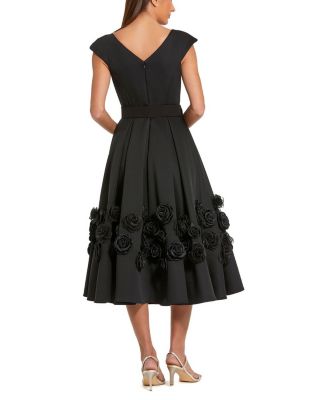 Satin Cap Sleeve A Line Midi Dress With 3D Flowers