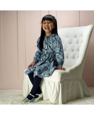  Girls' Blue Floral LS Button-Front Dress - Little Kid, Big Kid
