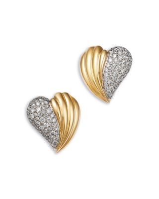 Diamond Textured Heart Stud Earrings in 14K Yellow Gold, 1.25 tcw