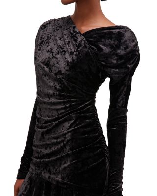 Black Velour Crossover Ruched Mini Dress