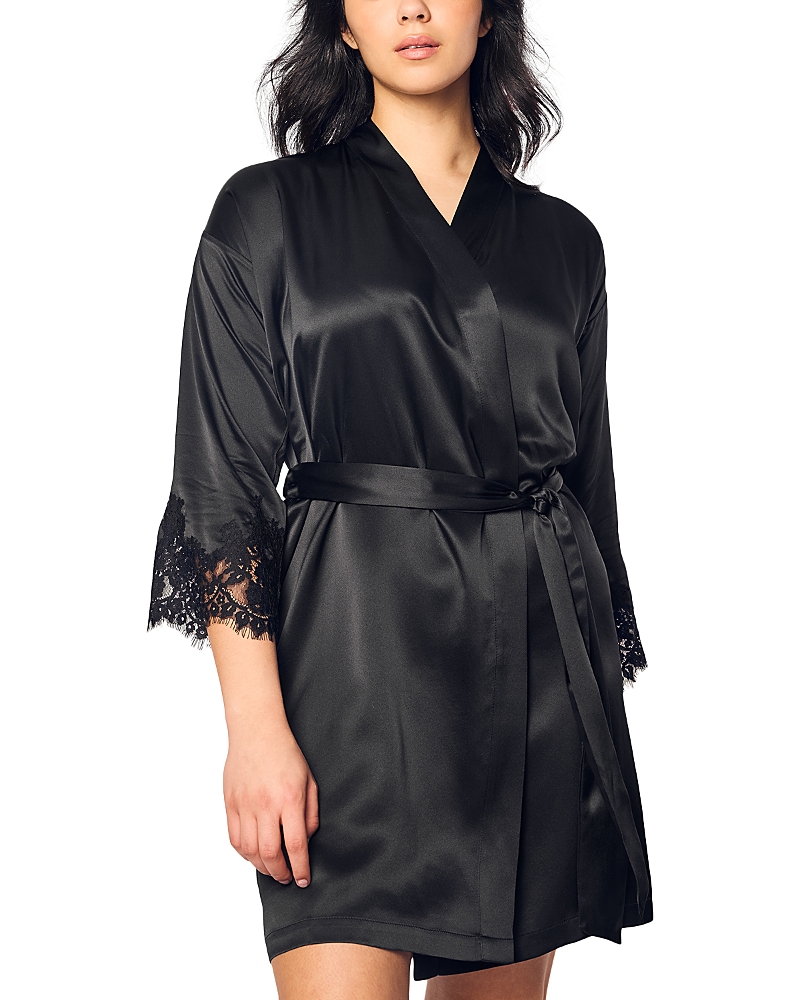 Petite Plume Mulberry Silk Lace Robe In Black