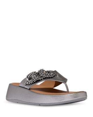 Women's F-Mode Beaded Chain Leather Toe Post Sandals