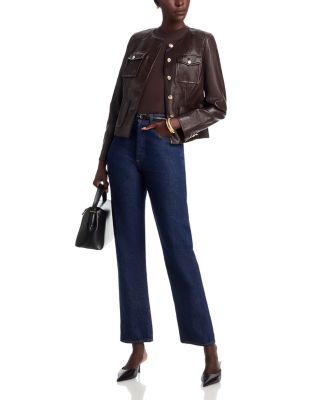 Collarless Faux Leather Jacket  