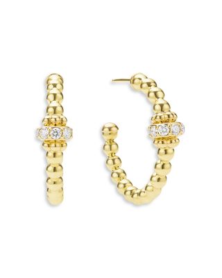 18K Yellow Gold Caviar Gold Diamond Rondelle Bead Hoop Earrings