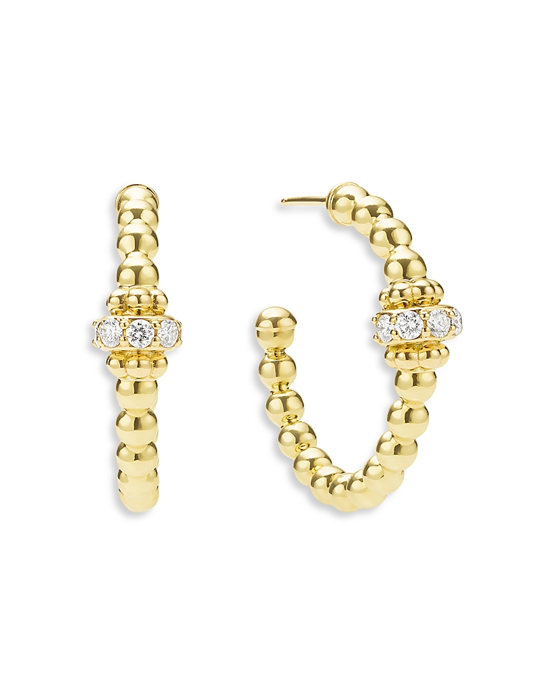 Lagos 18K Yellow Gold Caviar Gold Diamond Rondelle Bead Hoop Earrings