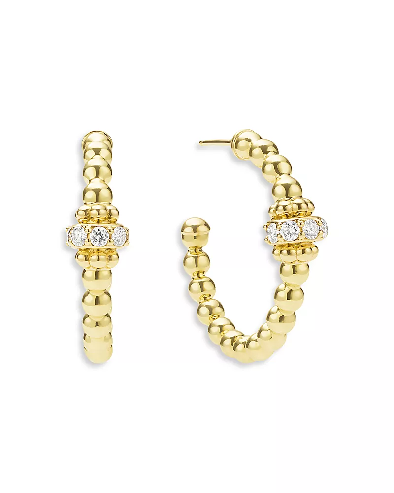 Lagos 18K Yellow Gold Caviar Gold Diamond Rondelle Bead Hoop Earrings