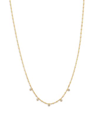 14K Yellow Gold Prong Diamonds Dangling Square Bead Chain Necklace, 16"